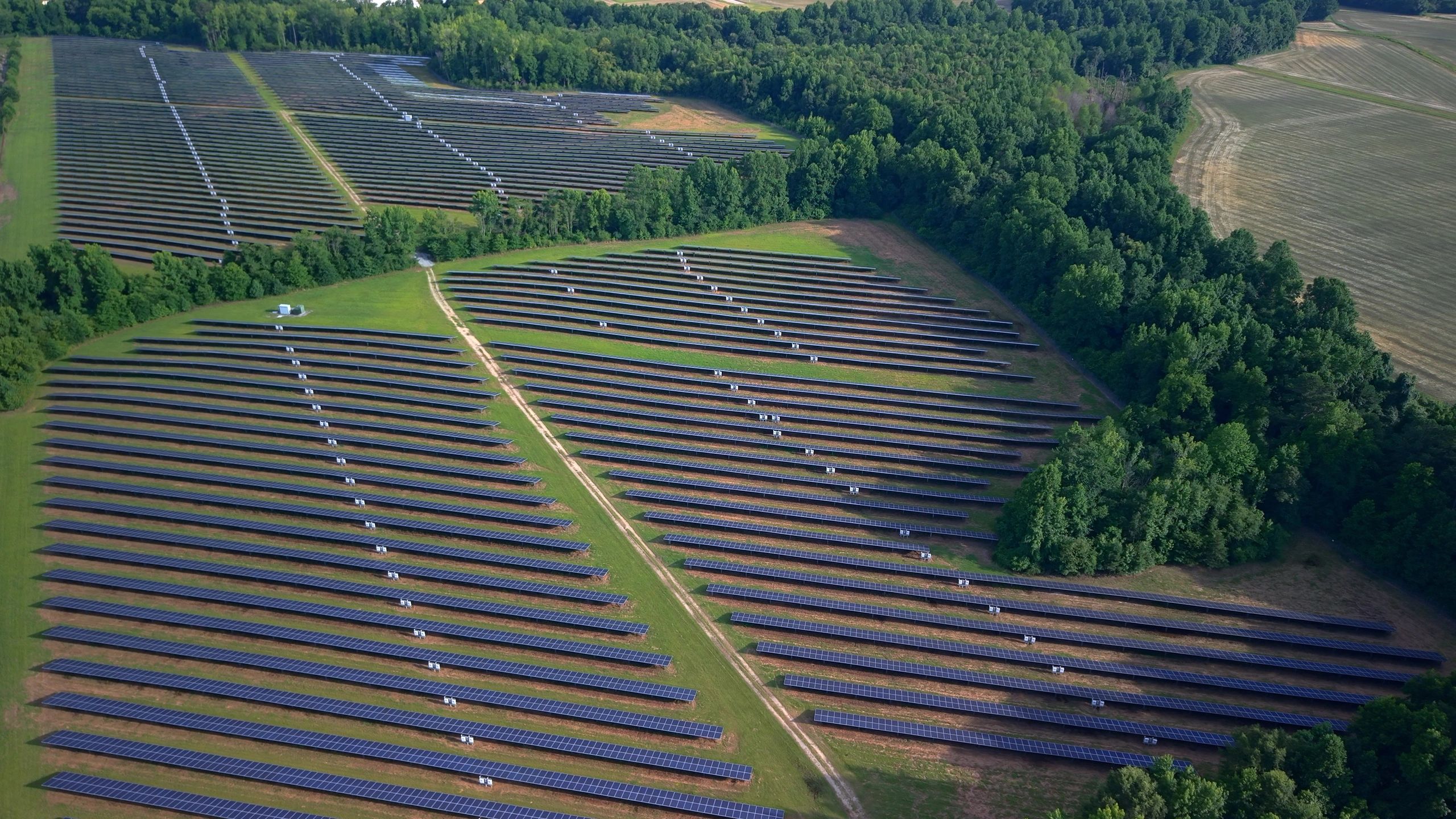 Solar panels in a field under open sky