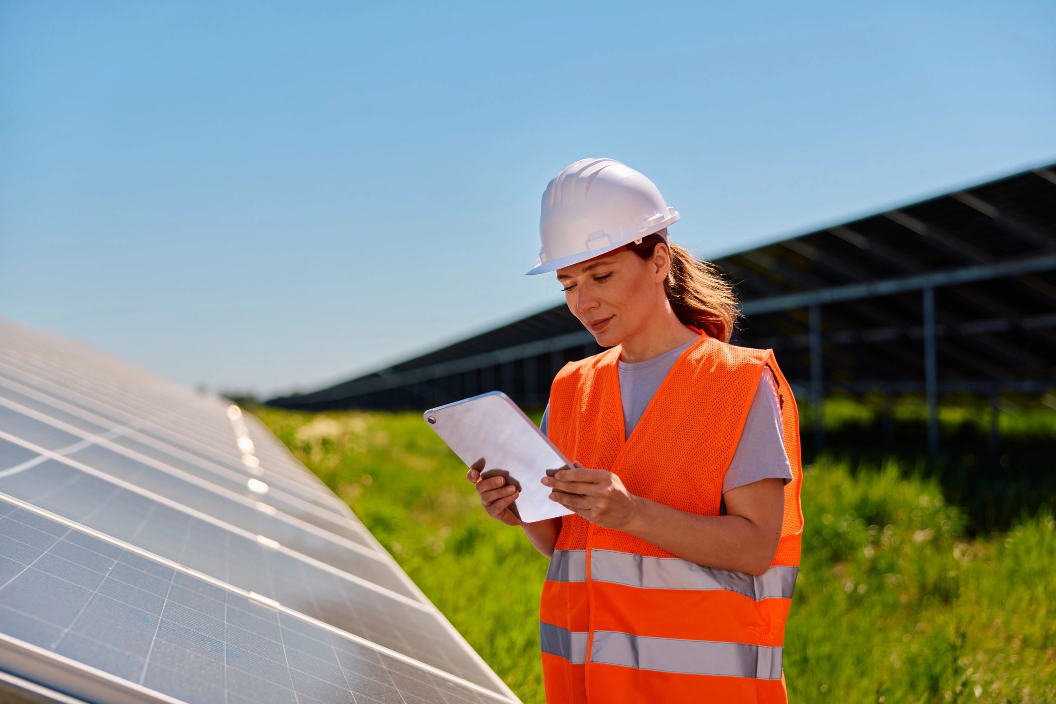 Engineer inspecting solar panels